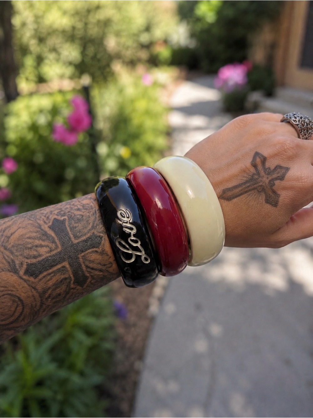 Stacked Black, Burgundy & Cream Resin Bangle Set - Love Accent